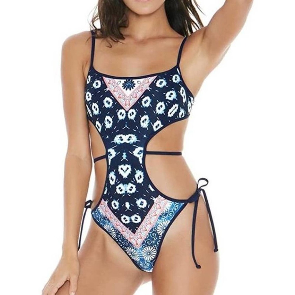 Navy and Pink Cutout One-Piece Swimsuit
